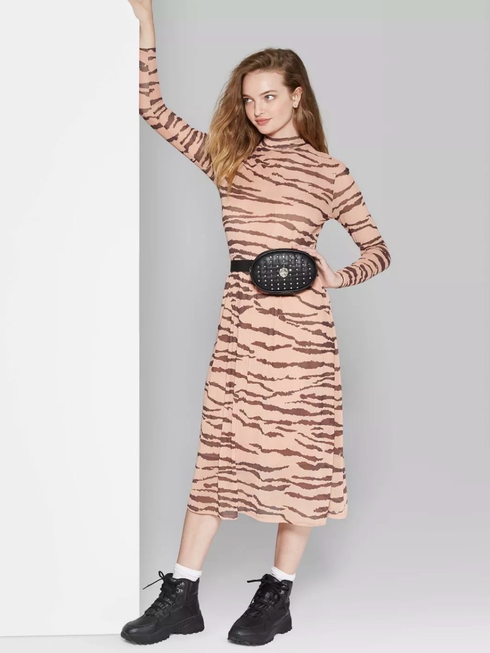 Mesh Long Sleeve Tiger-Stripe Midi Dress